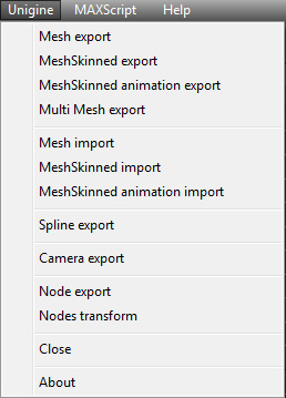 Unigine menu in 3ds Max