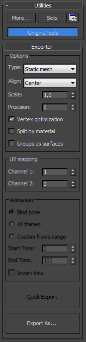 Unigine panel in 3ds Max