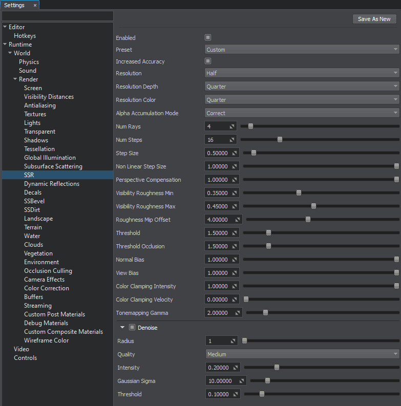 Screen-space reflections settings