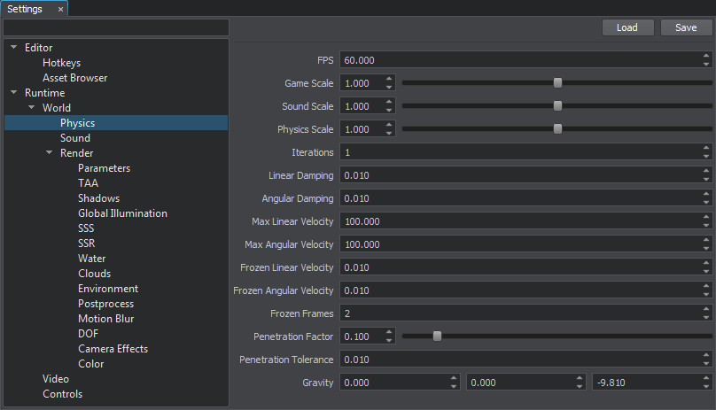 Physics editor Settings